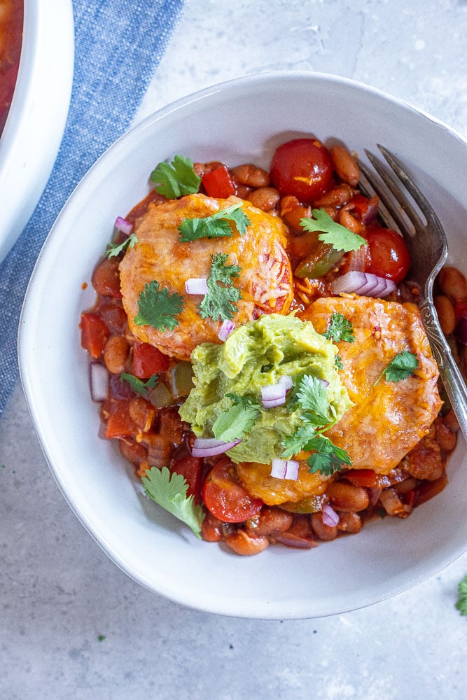 polenta enchilada bake in a bowl ready to be served