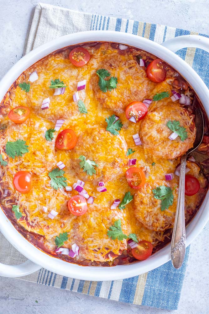 Polenta Enchilada Bake in a pan