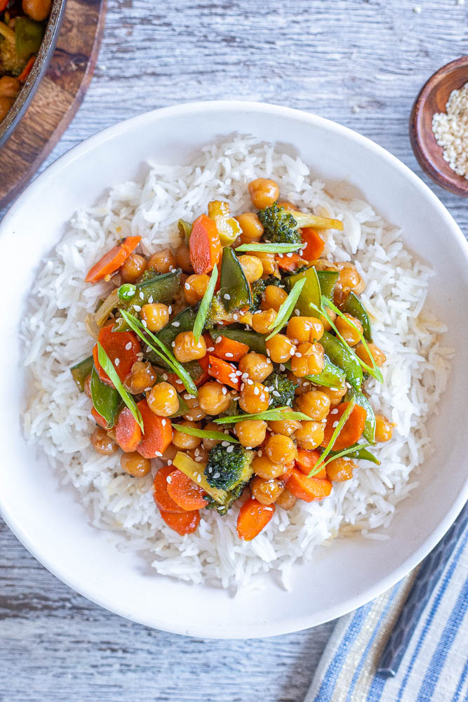 a bowl of honey garlic chickpeas with rice