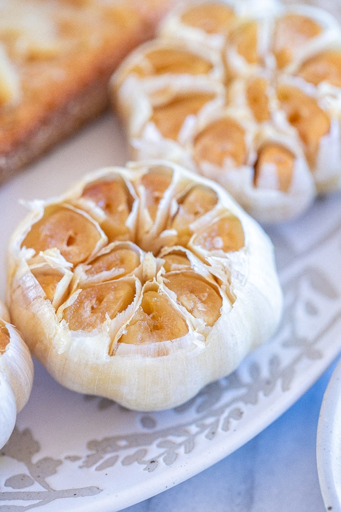 close up of a bulb of roasted garlic