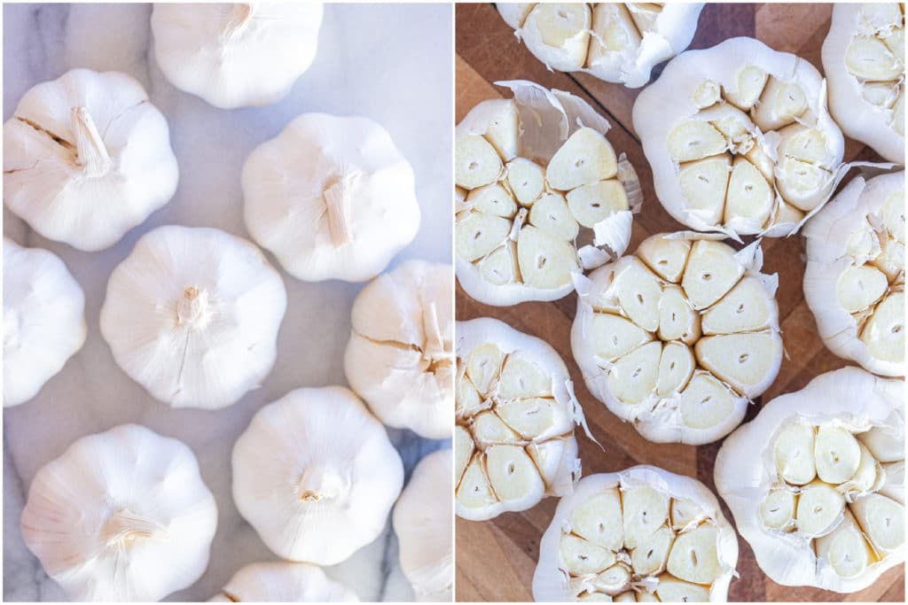 garlic bulbs with the tops cut off for roasting