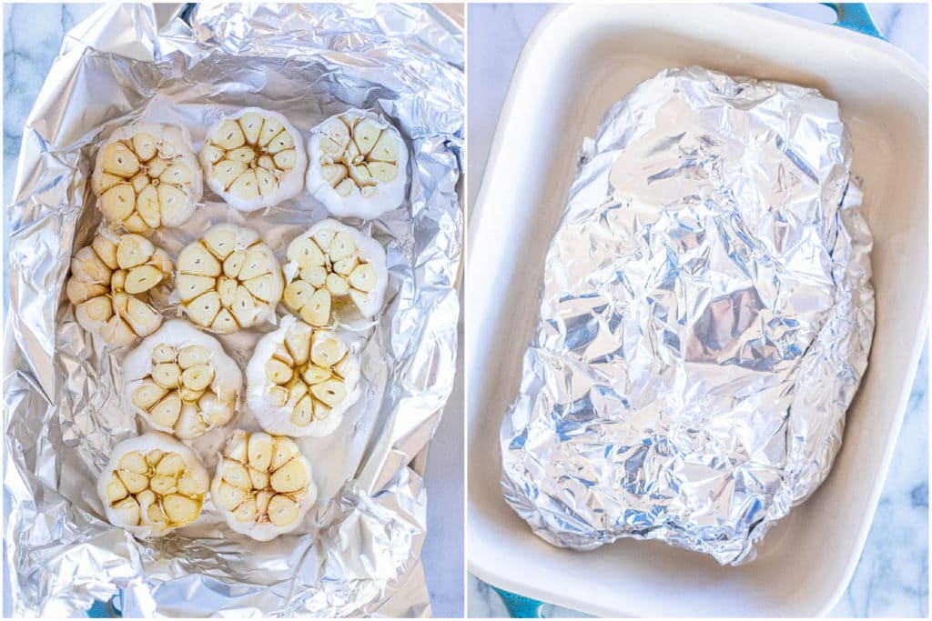showing how to prepare your garlic for the oven for roasting