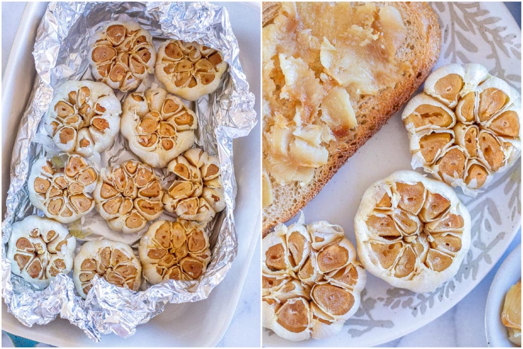 Roasted garlic out of the oven and on a plate