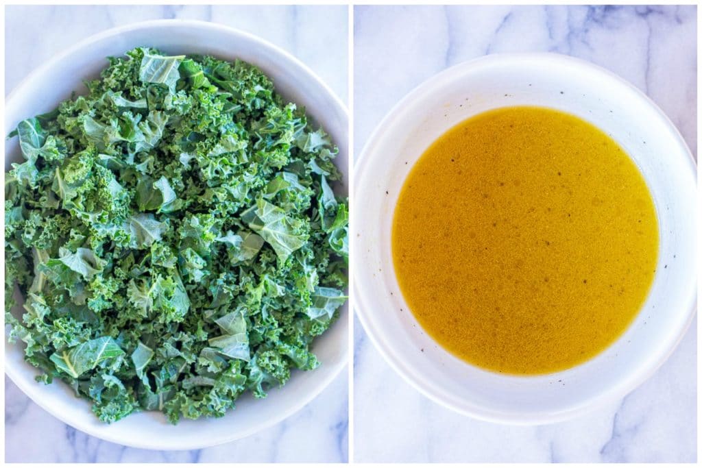 showing how to make a kale salad with the chopped kale and salad dressing
