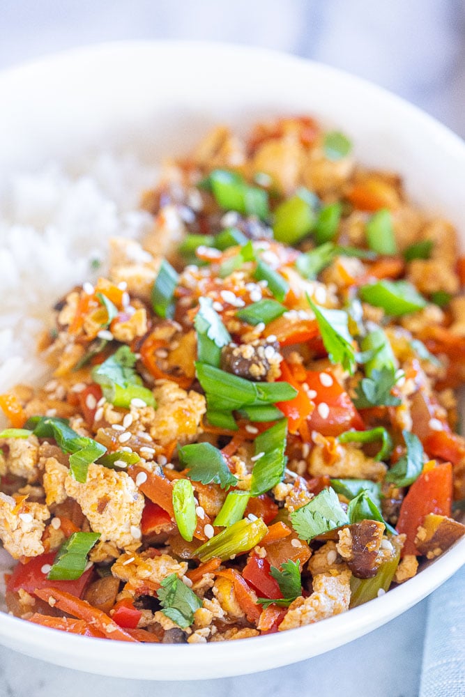 close up of a Korean inspired tofu bowl with vegetables