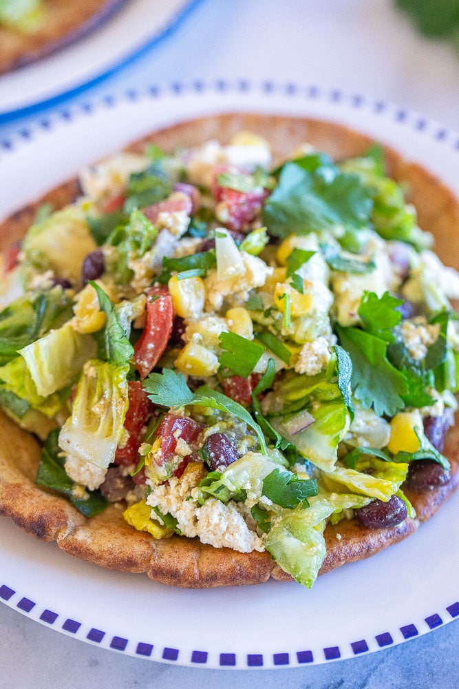 close up of a vegan chopped salad pita