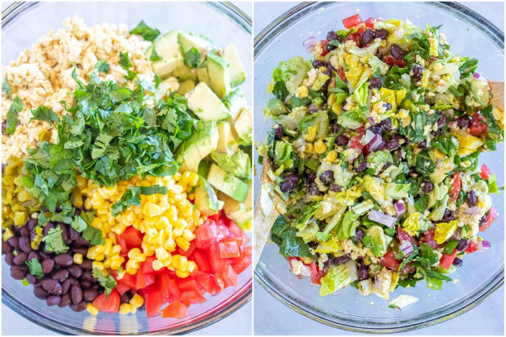 Showing how to make these Mexican chopped salad pitas with all the ingredients in the bowl