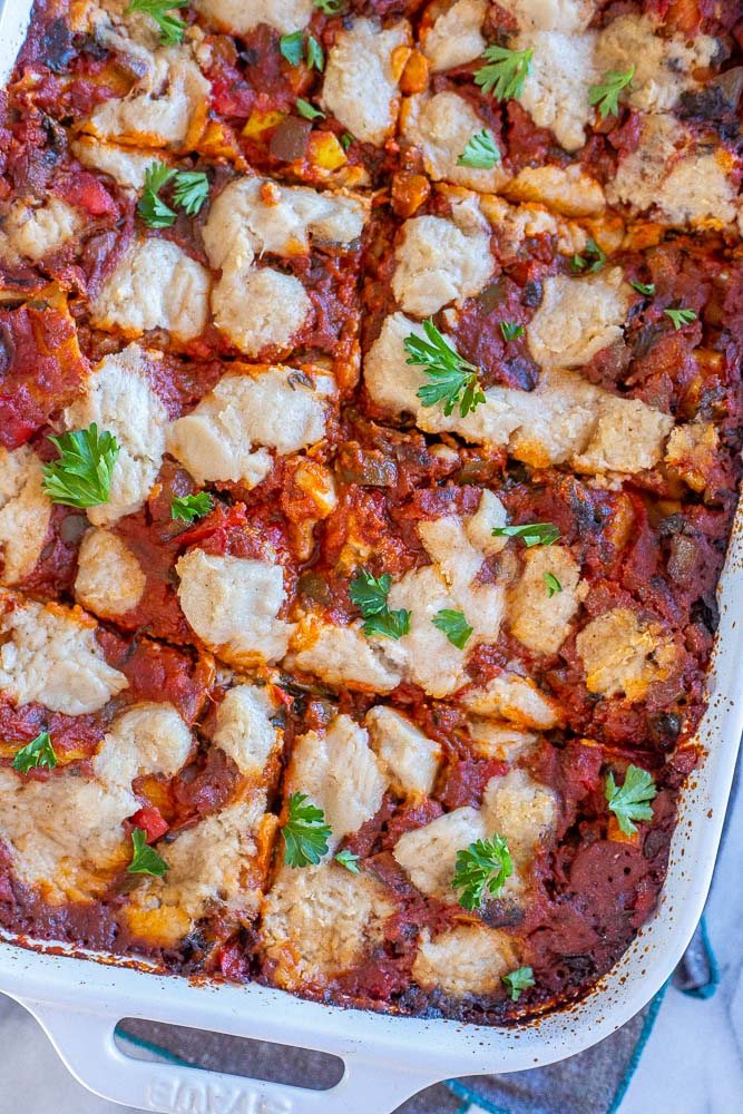 lasagna out of the oven cut into portions