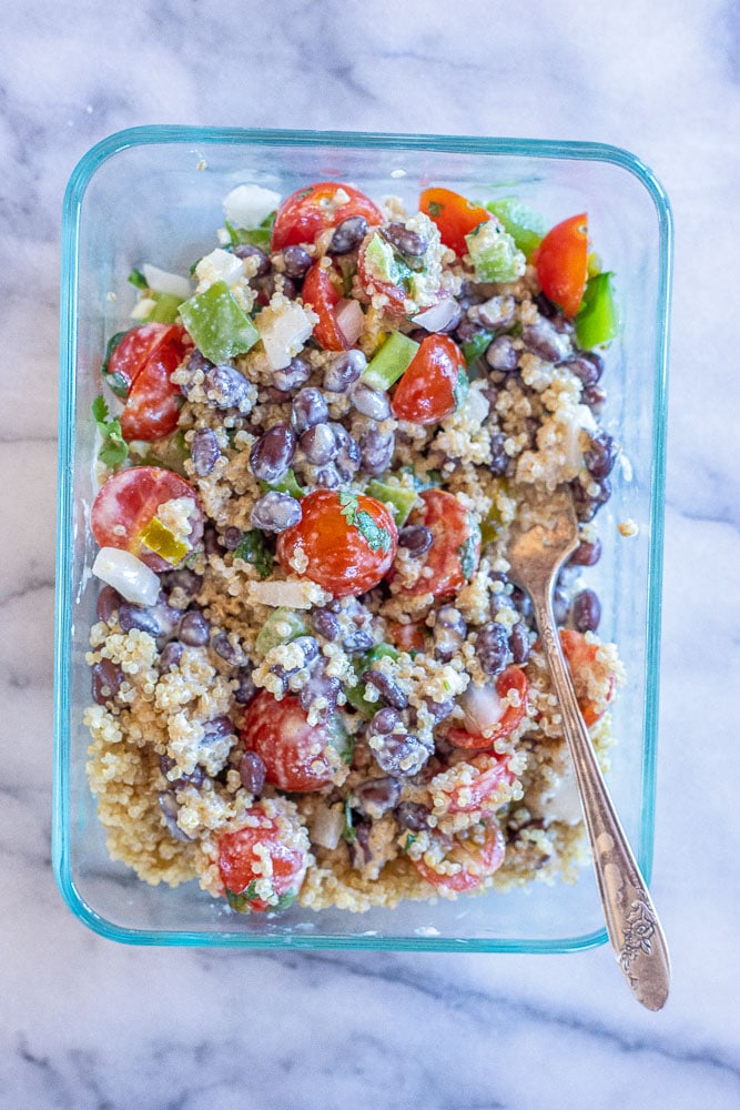 Mexican quinoa salad bowls all mixed together