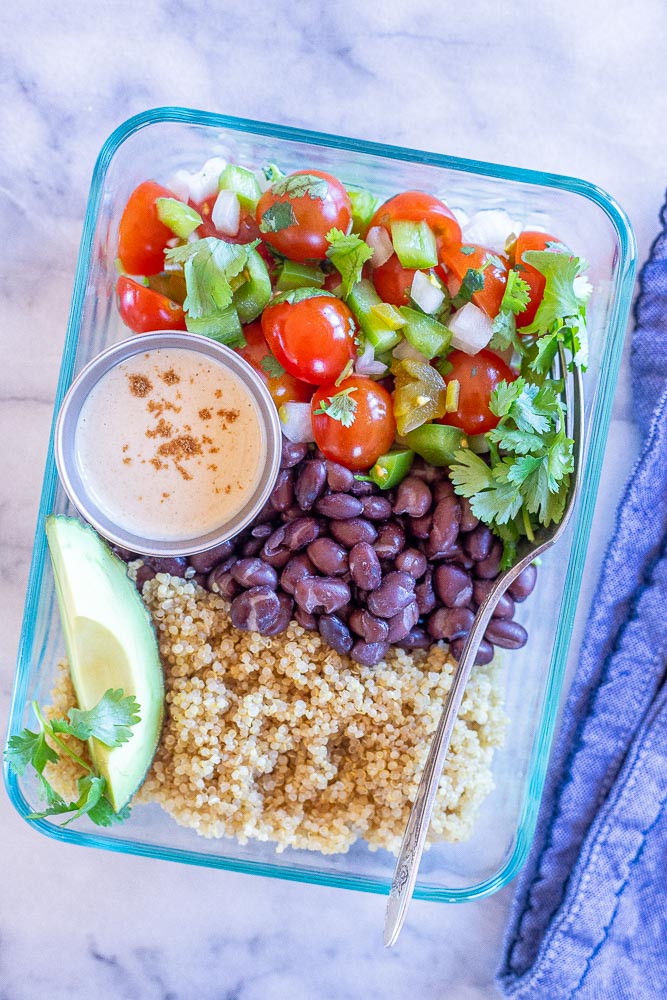 Mexican quinoa salad in a meal prep container