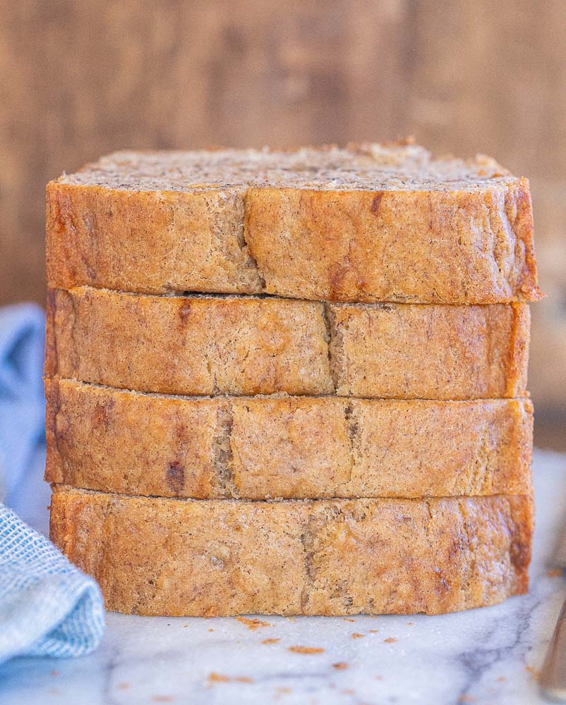 sliced banana bread stacked on top of each other