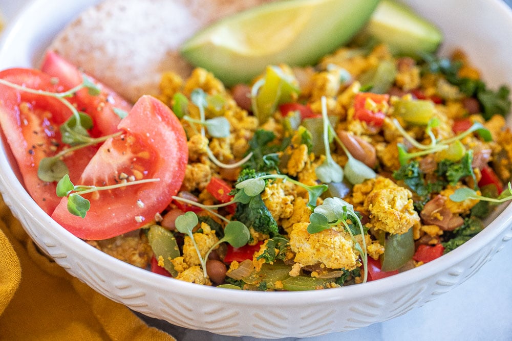 close up of vegan tofu scramble bowls