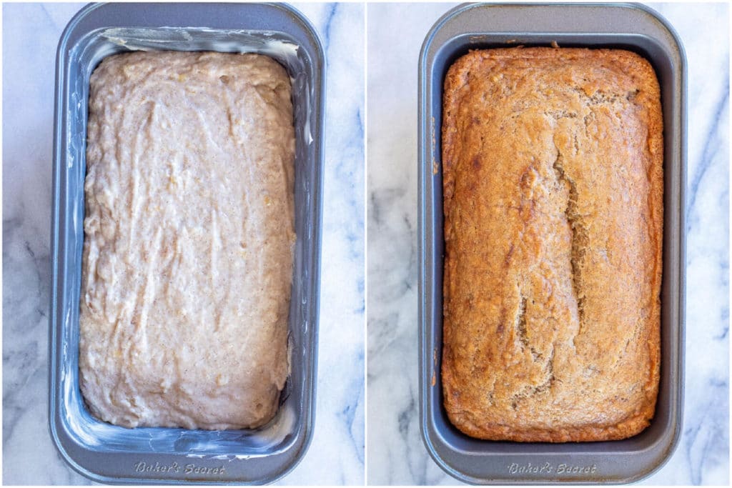 vegan banana bread before and after it's been baked