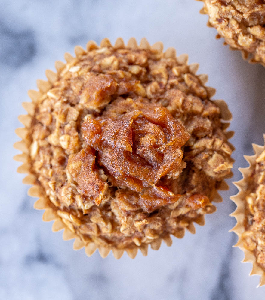 close up of a cinnamon sugar baked oatmeal cup that is date sweetened