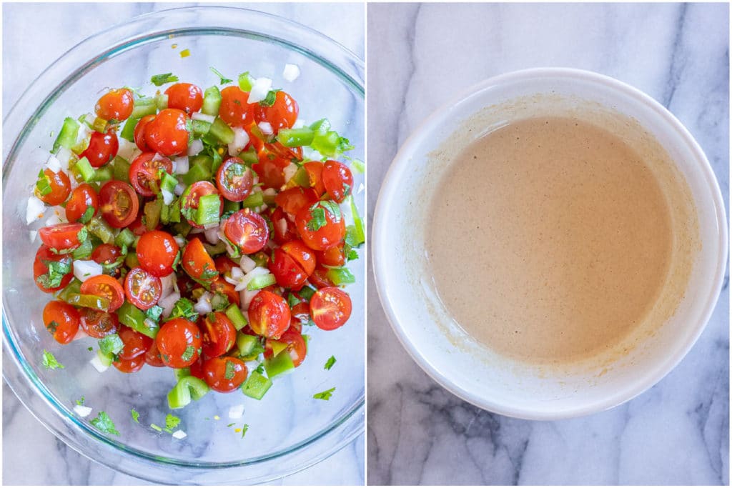 fresh tomato salad and a creamy lime cumin tahini dressing