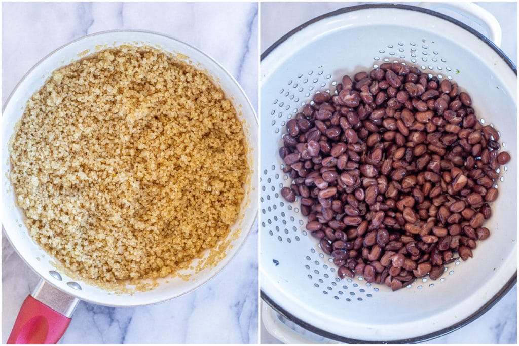 prepared quinoa and black beans that are ingredients in these quinoa salad bowls