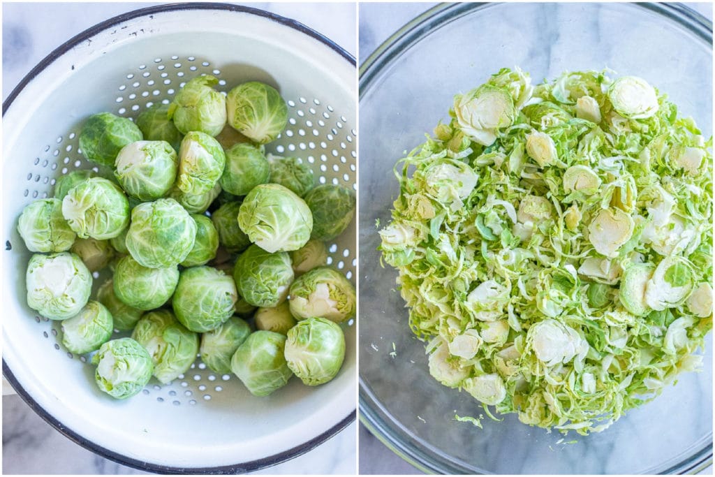 Brussels sprouts whole and shaved in a bowl