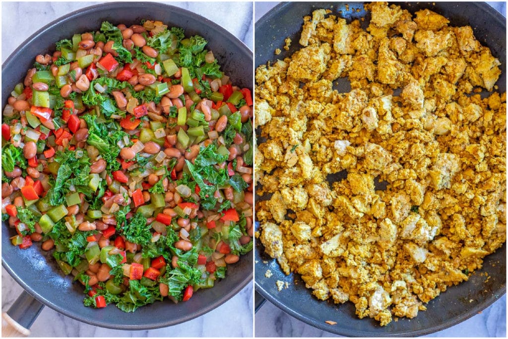 showing how to make a vegan breakfast bowl with veggies, beans and tofu scramble