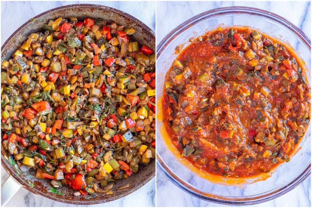 the process of making the veggie and tomato sauce mixture for the lasagna recipe