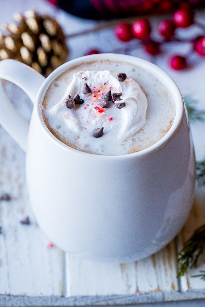 close up of a mug of vegan hot chocolate