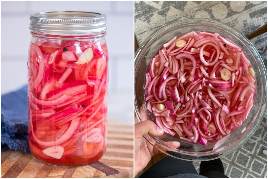 refrigerator pickled onions in a jar and in a bowl