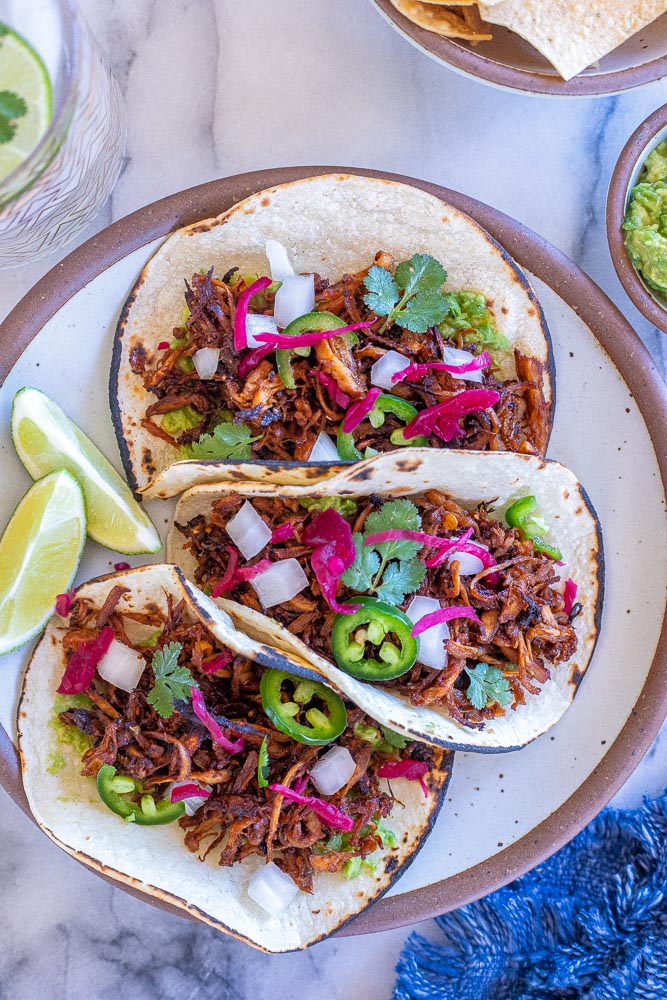 Vegan carnitas tacos on a plate