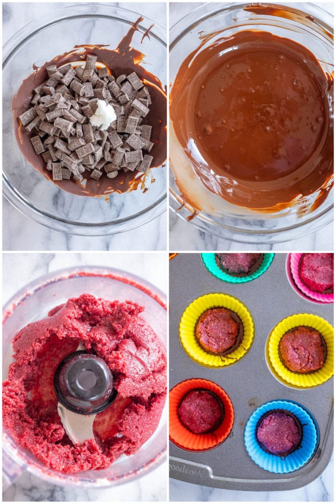 showing how to make strawberry coconut chocolate cups