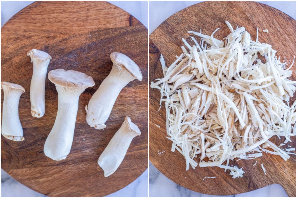 king trumpet mushrooms whole and shredded