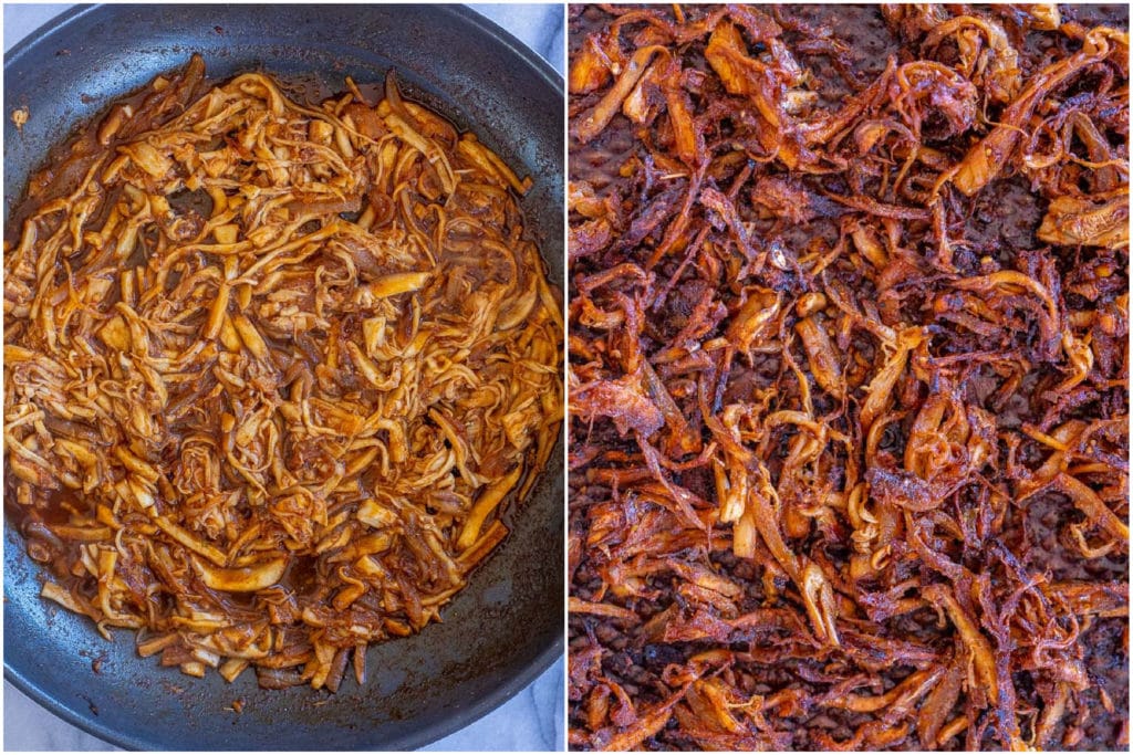 vegan carnitas before and after being cooked