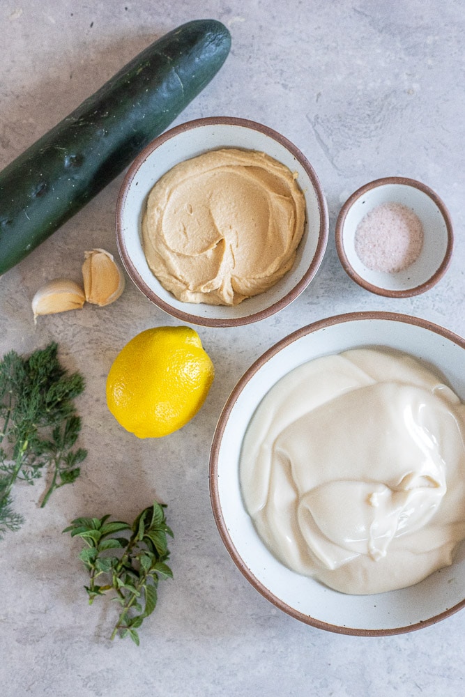 Ingredients needed to make this delicious and easy vegan tzatziki sauce recipe