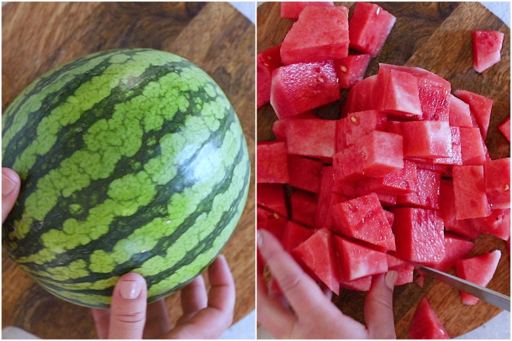 a seedless watermelon cut up into chunks for making watermelon lemonade