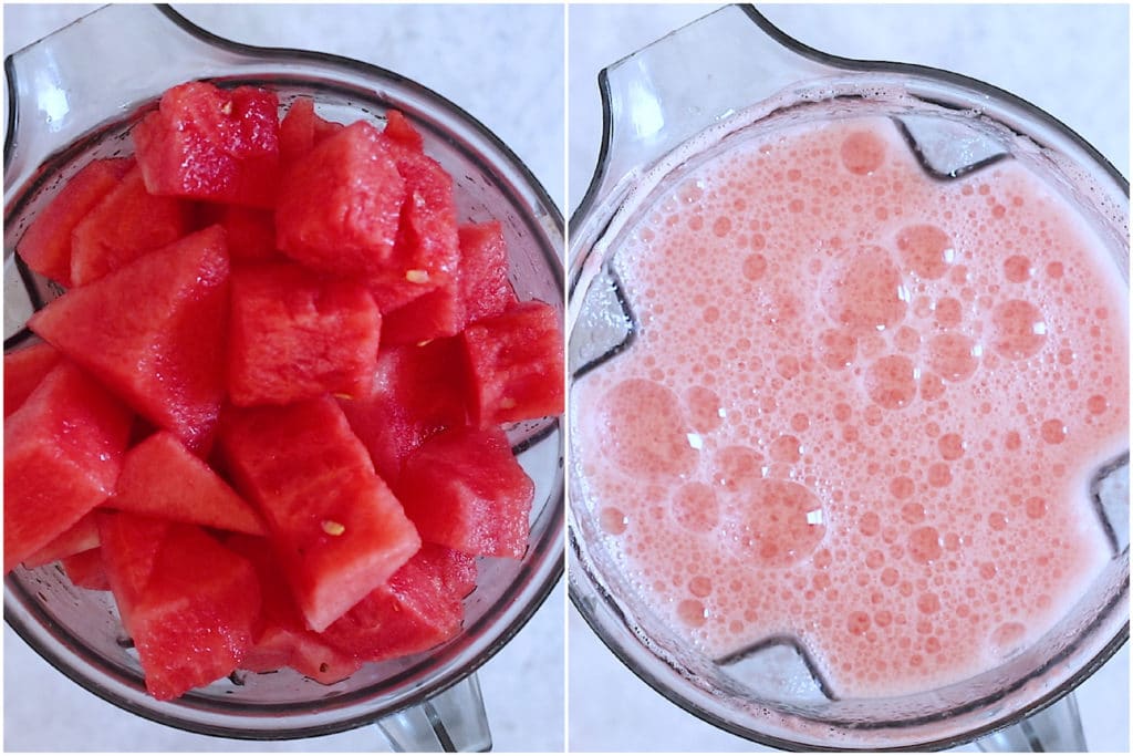 Chunks of watermelon in a blender and then blended up into a juice