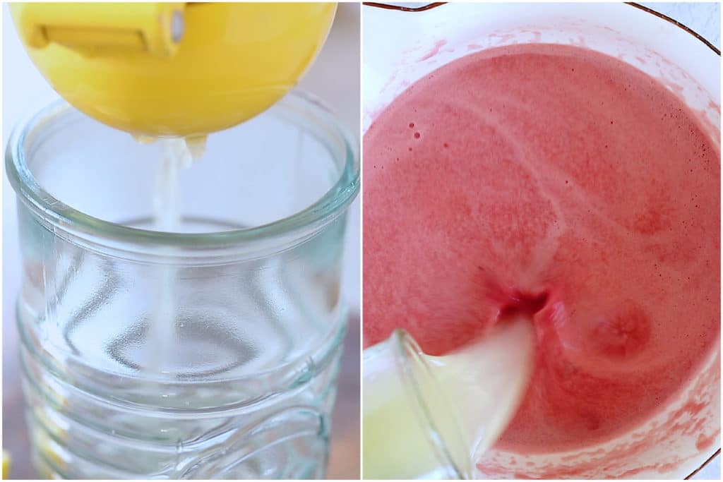 showing how to make watermelon lemonade with a juiced lemon