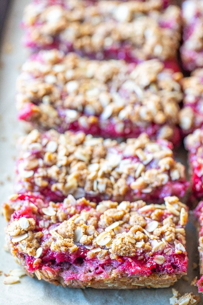 Peanut Butter and Jelly Bars cut up on a baking sheet