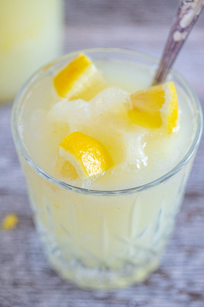 close up of a glass of easy frozen lemonade recipe
