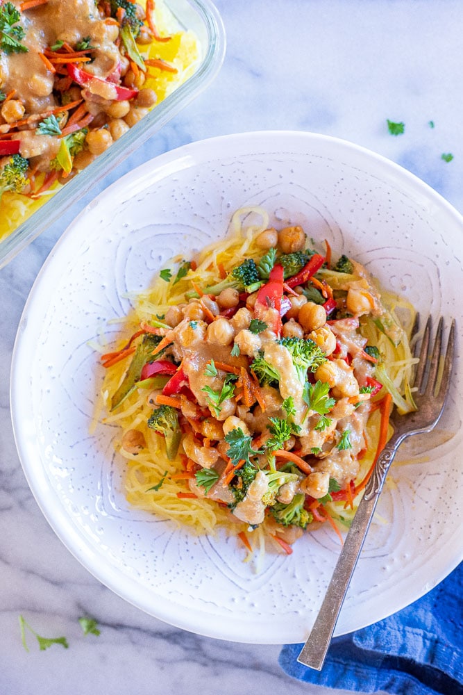 spaghetti squash bowls with spicy peanut sauce