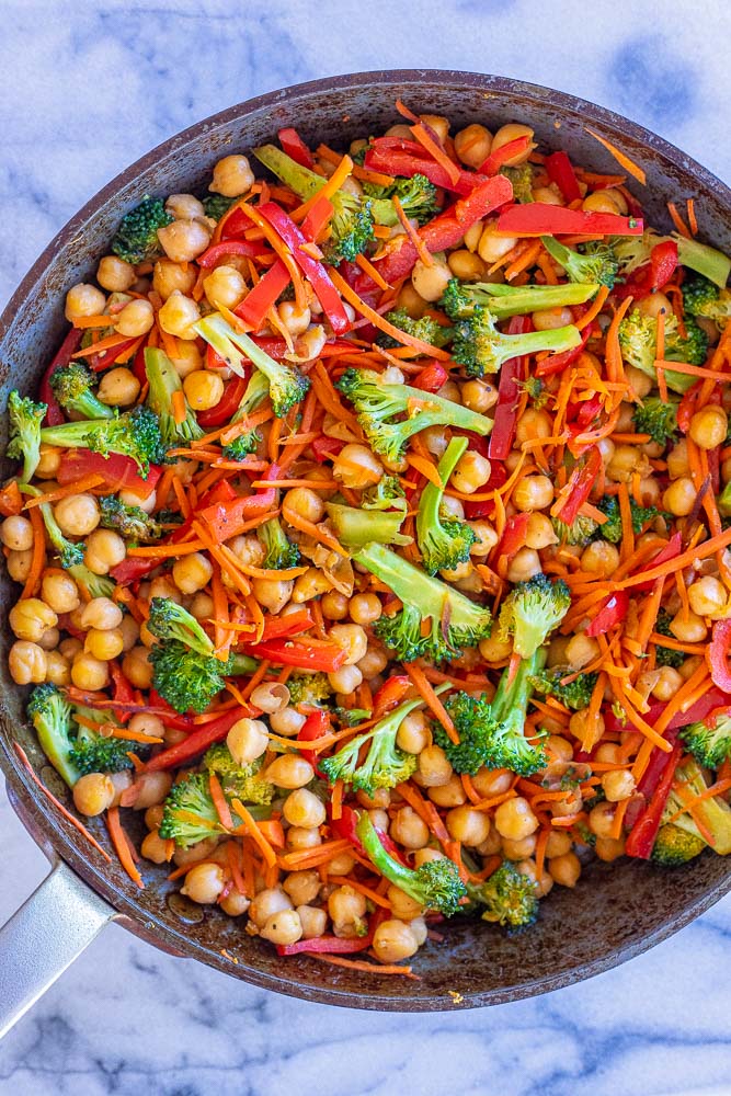 Pan of cooked vegetables and chickpeas