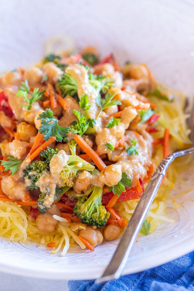 close up of spicy peanut spaghetti squash bowls