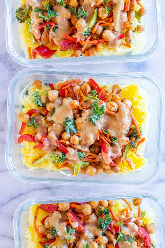 spicy peanut spaghetti squash in meal prep containers