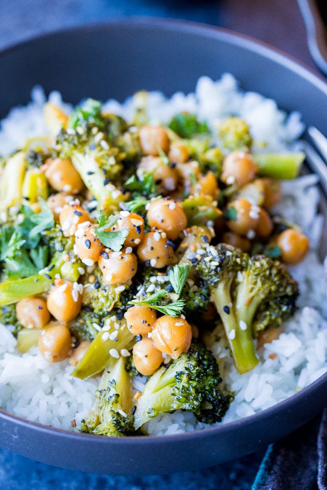 Close up view of teriyaki stir fry over rice