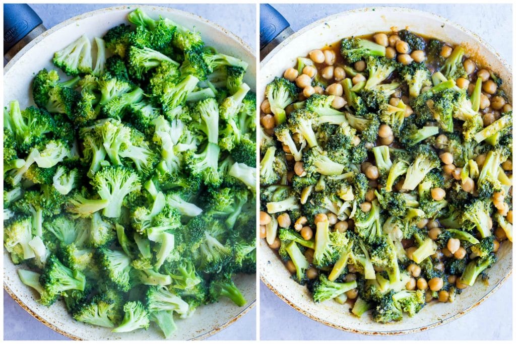 Showing how to make teriyaki stir fry with broccoli and chickpeas