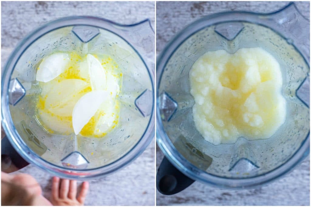 Frozen lemonade before and after in a blender