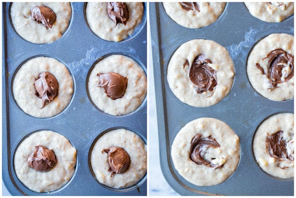 showing how to make Nutella swirl banana muffins with a teaspoon of Nutella