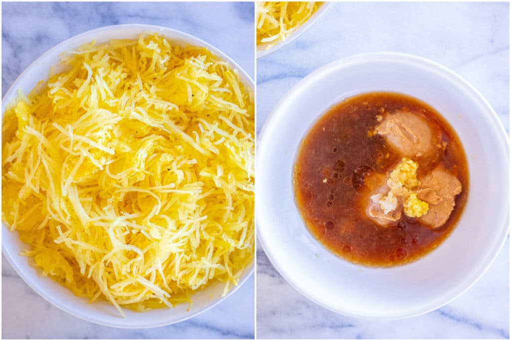cooked spaghetti squash and spicy peanut sauce ingredients in a bowl