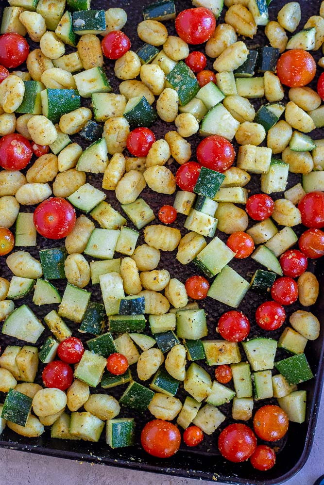 sheet pan gnocchi before it's been put in the oven