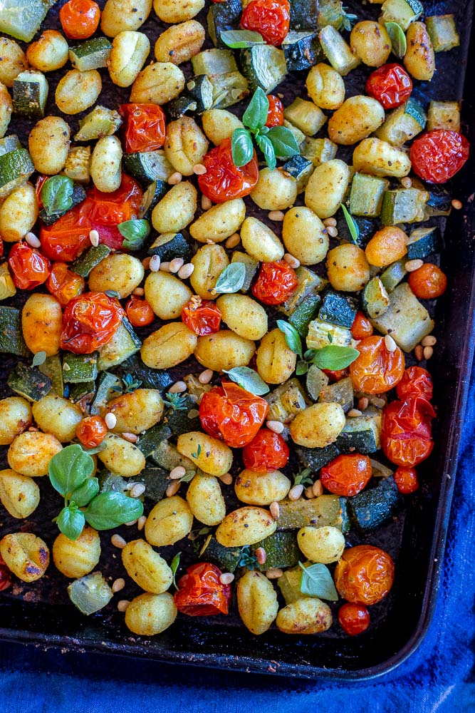 Sheet Pan Gnocchi with Zucchini and Cherry Tomatoes cooked with fresh herbs