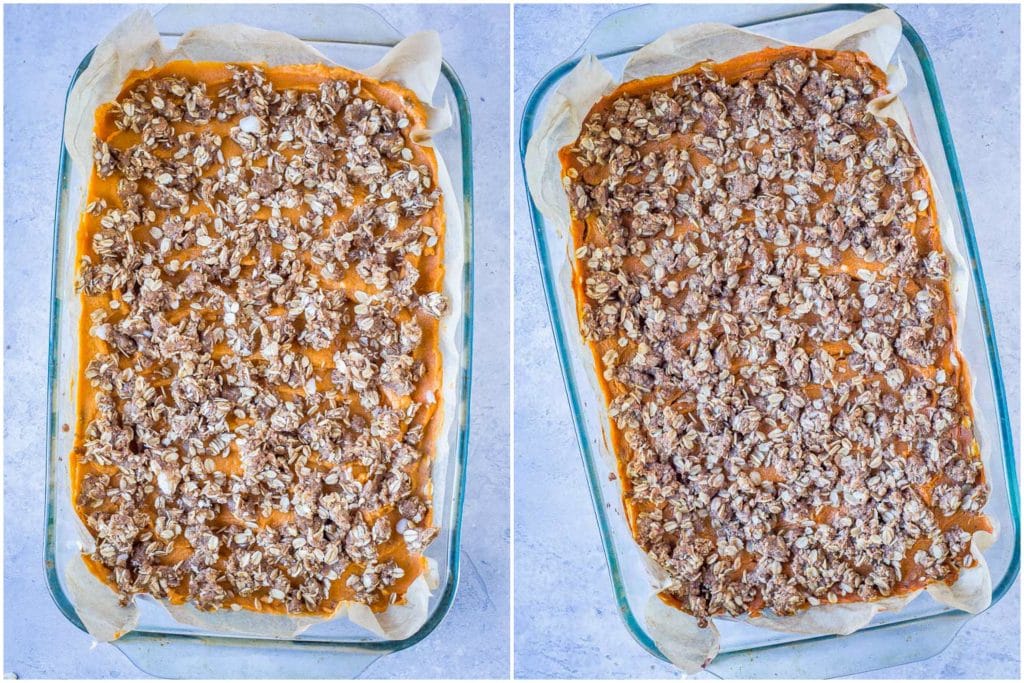 sweet potato crumb bars before and after being baked in the oven