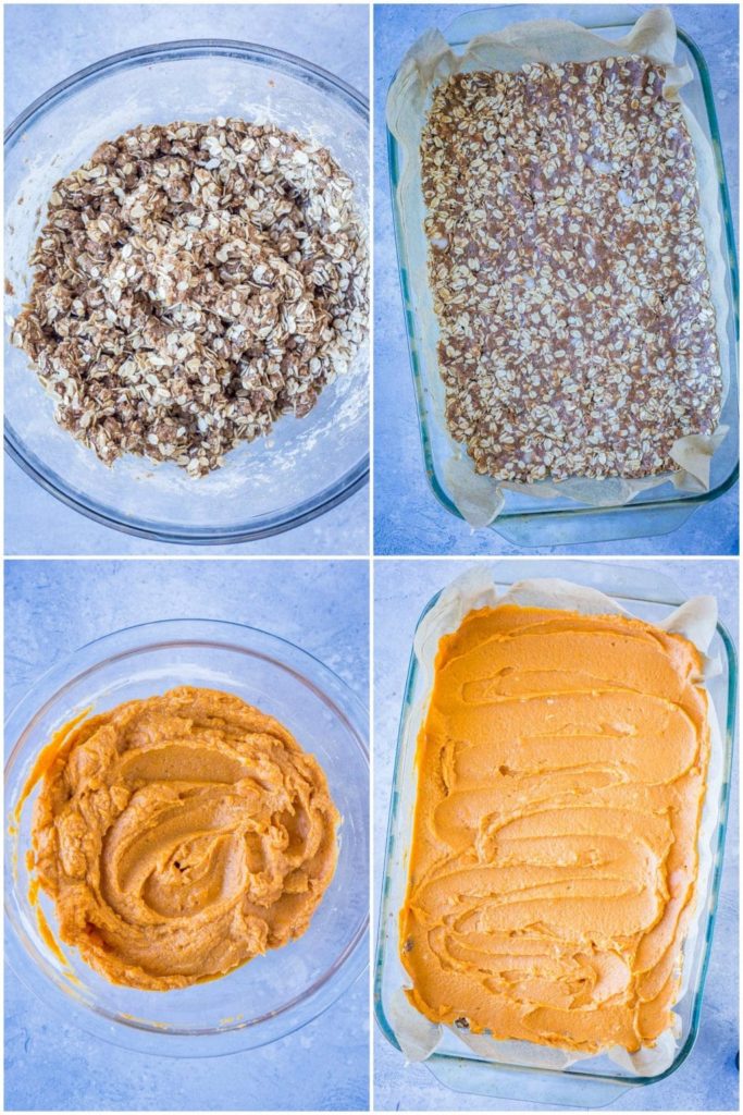 showing step by step photos of how to make sweet potato pie bars