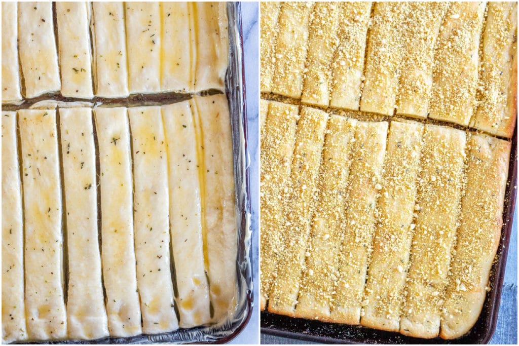 showing how to make vegan breadsticks before and after they've been baked