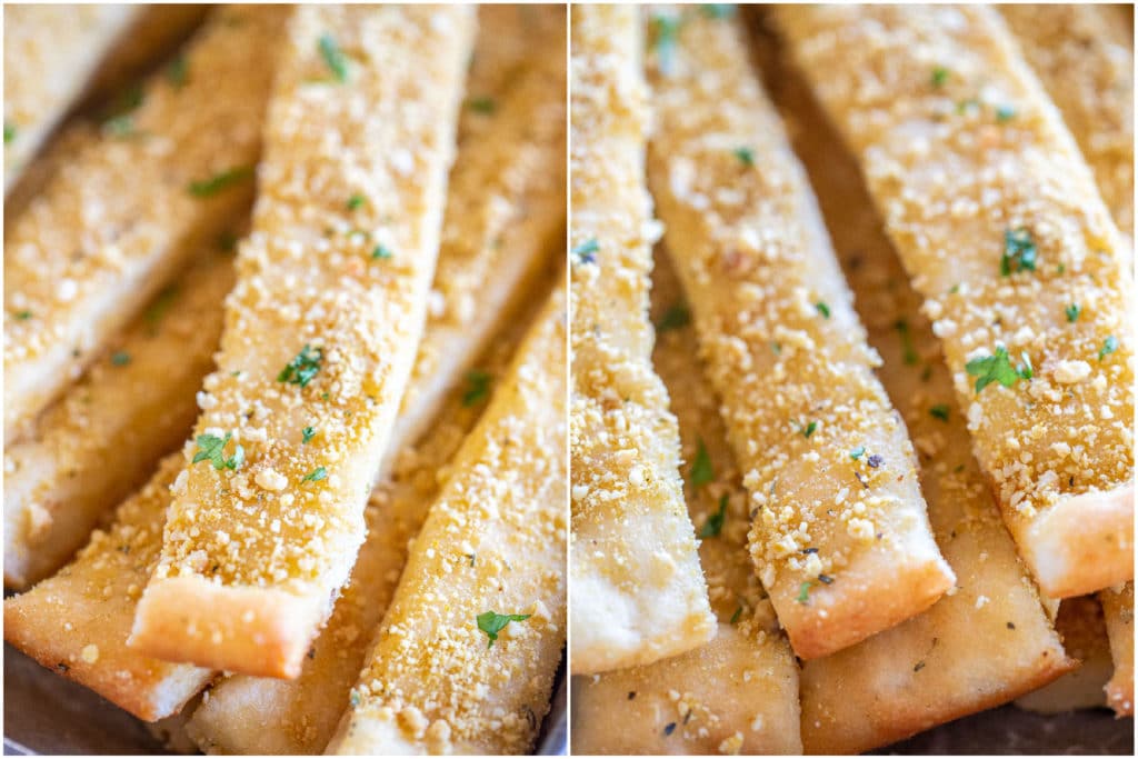 close ups of vegan bread sticks with parmesan cheese